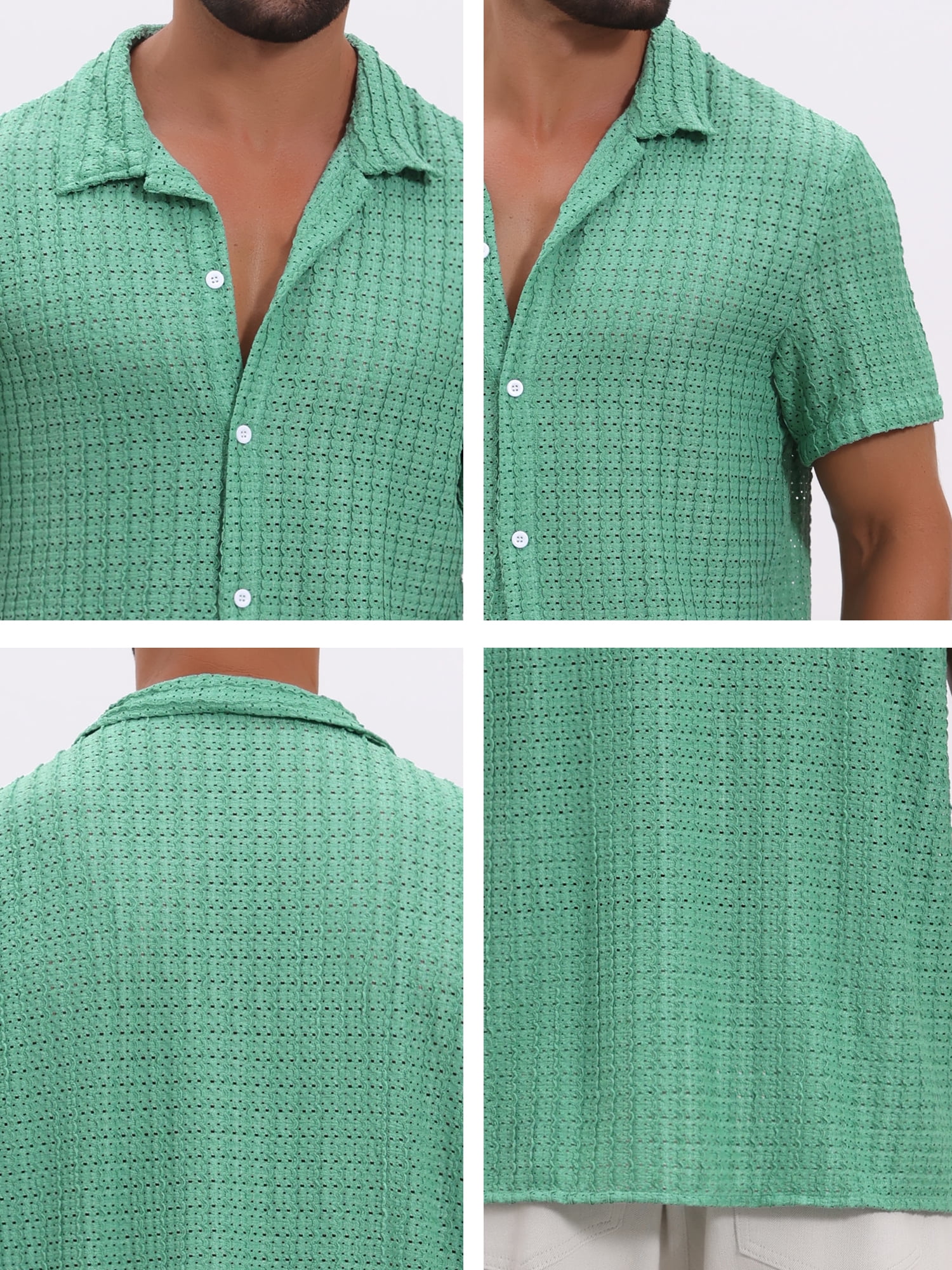 DARING DIVA Men's Casual Knitted Hollow Out Short Sleeve Shirt M Green