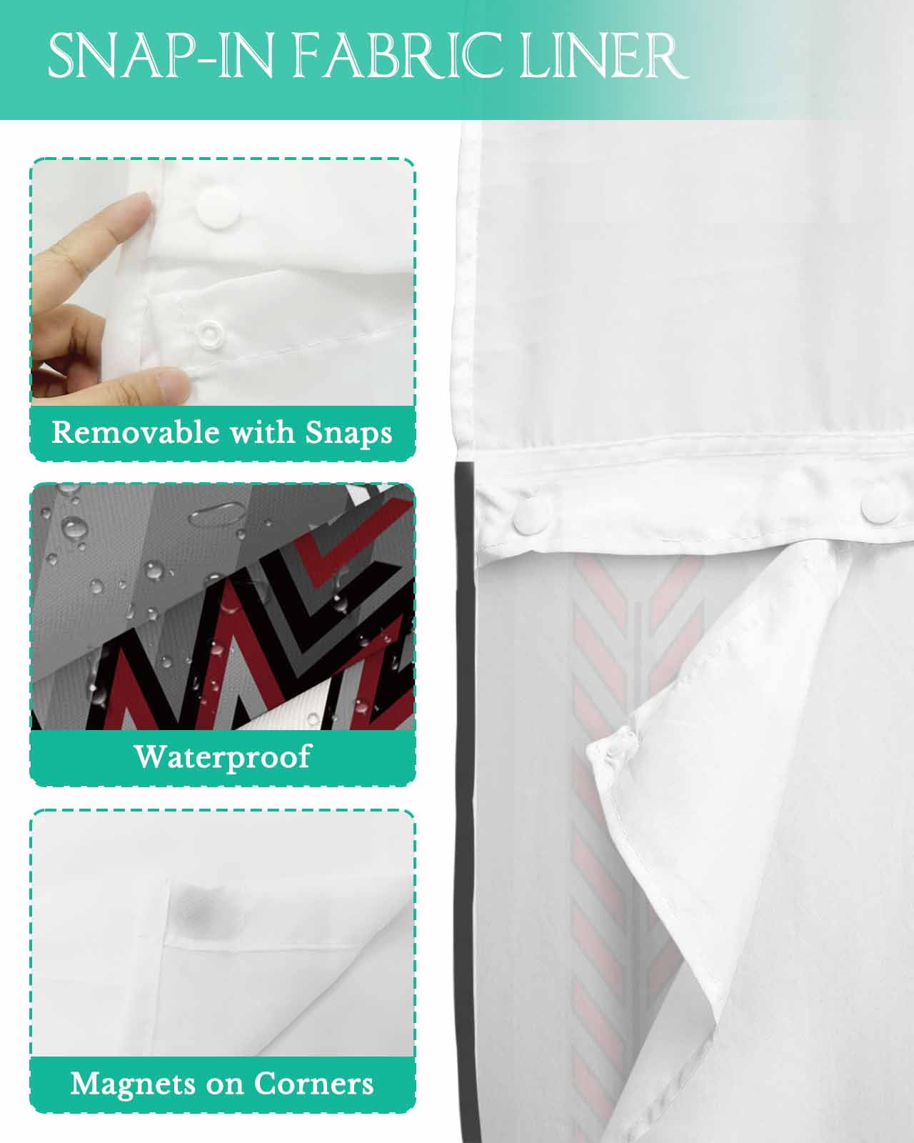 No Hook Shower Curtain with Snap in Liner, Boho Moroccan Red Geometric Grey Gradient Striped Hotel Shower Curtains for Bathroom, Washable Shower Curtain Liner Set with Mesh Top Window, 72"x84"