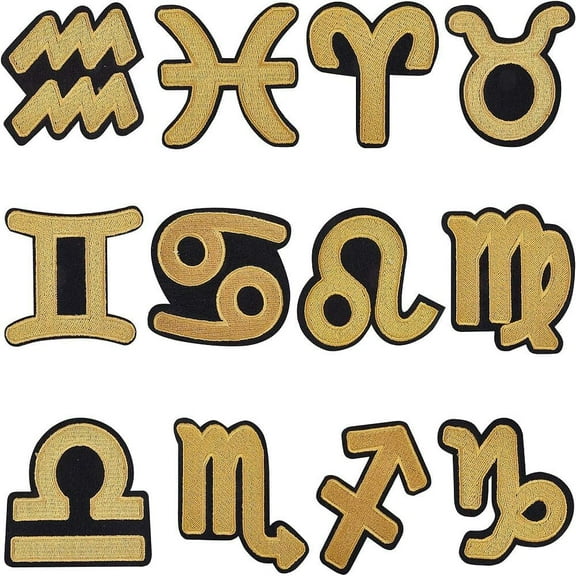 12 Pcs Constellation Patch Gold Zodiac Embroidered Iron On/Sew on DIY Decoration Patch Repairing Motif Badge Applique Computer Embroidery Zodiac Sign DIY