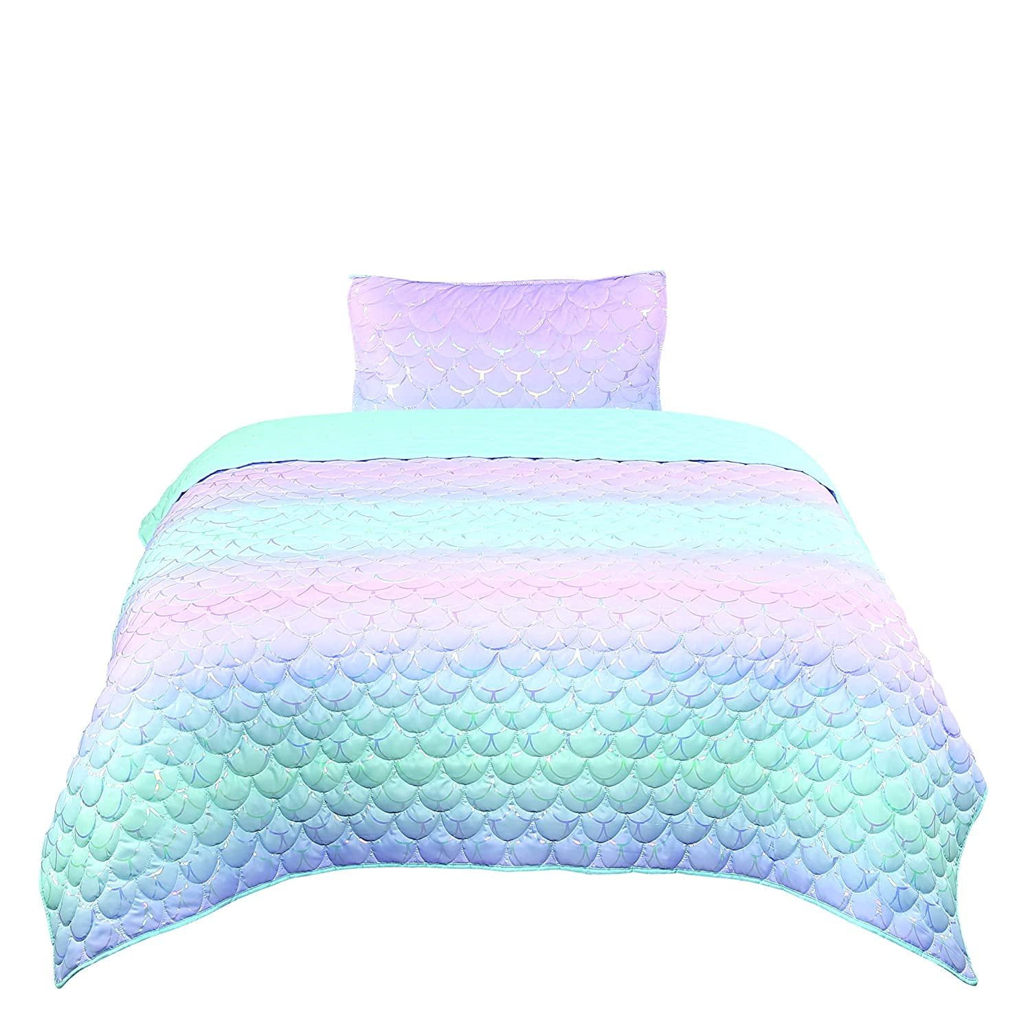 Tadpoles Girls Mermaid Pattern Quilt Set, with 1 Twin Size Quilt and 1 Standard Sham, Lightweight, Soft, and Durable, Iridescent Metallic,for Kids, 2-Piece Set - Twin