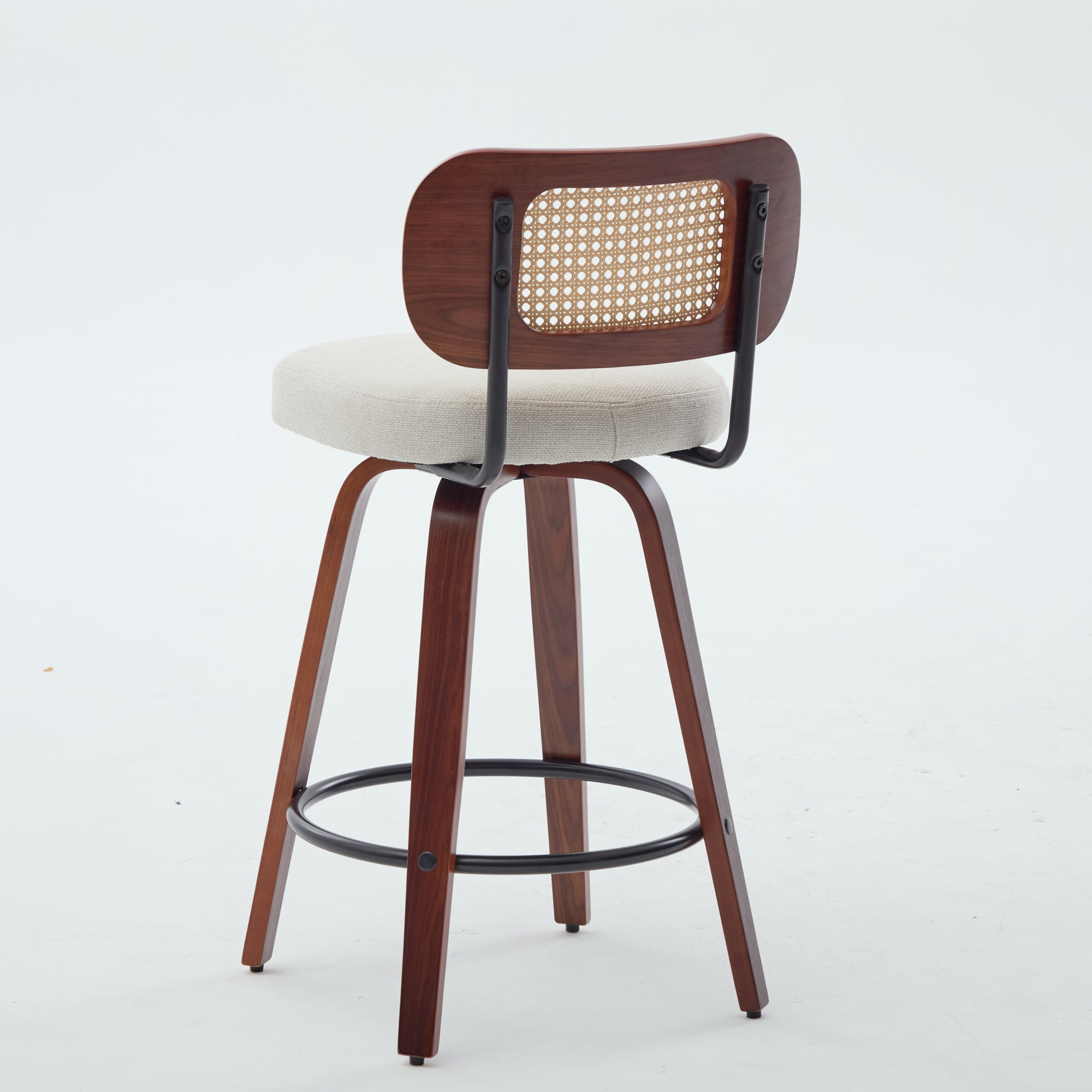 Oufan Swivel Bar Stools Set of 3, Wooden Counter Height Bar Chairs w/ Upholstered Seat & Rattan Backrest, Farmhouse Barstool for Kitchen Island,Cafe