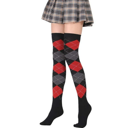 

Women Girls Student Thigh High Socks European College Style Vintage Colorful Argyle Plaid Pattern Stretchy Over the Knee Stockings