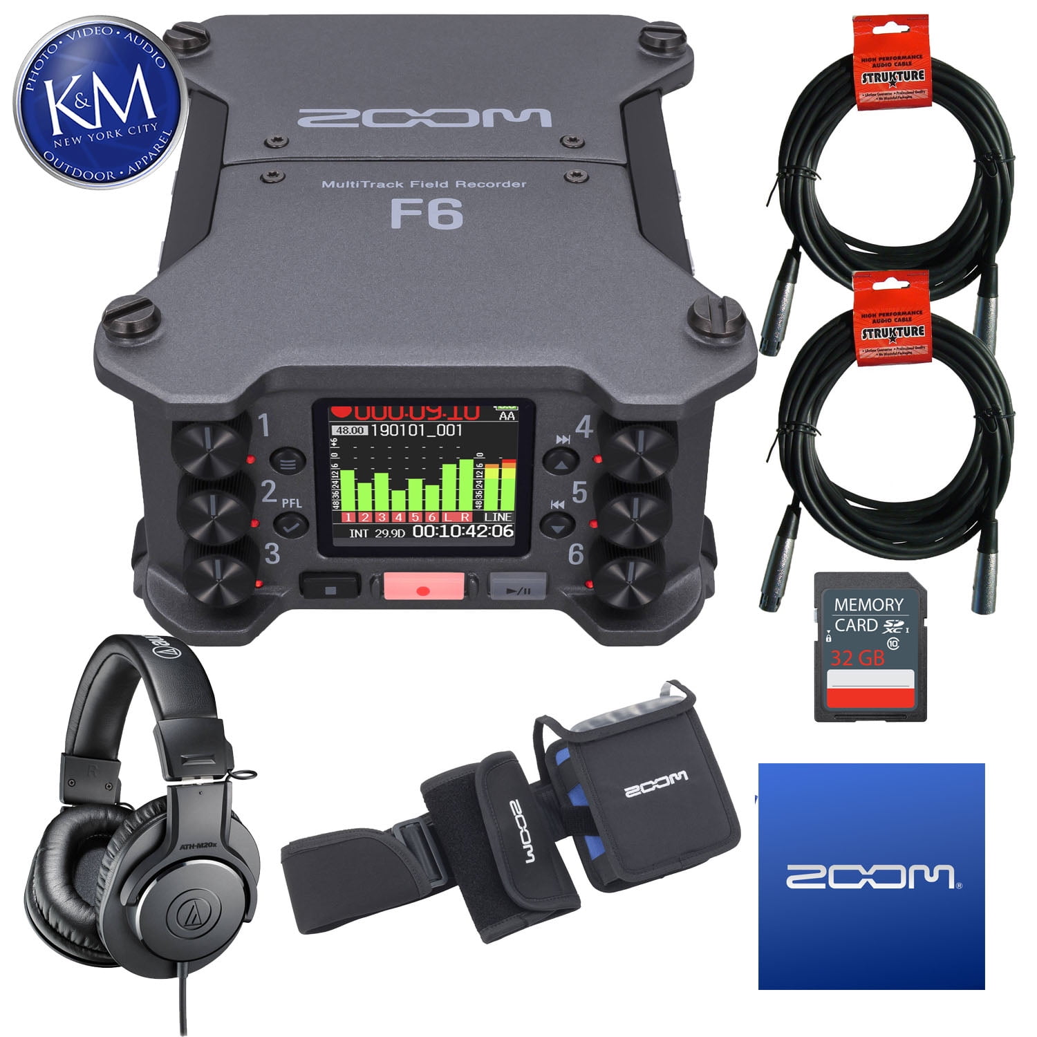 Zoom F6 MultiTrack Field Recorder + ATHM20X + PCF6 Deluxe Bundle