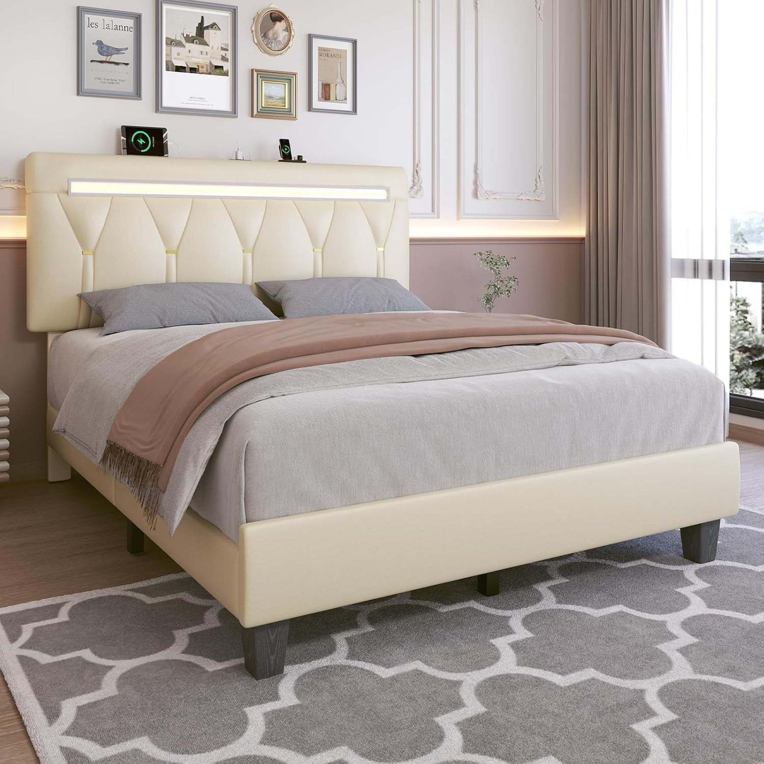 Holiway Queen Size Bed Frame with LED Lights and Adjustable Headboard, Upholstered Platform Bed with Charging, No Box Spring Needed, Beige