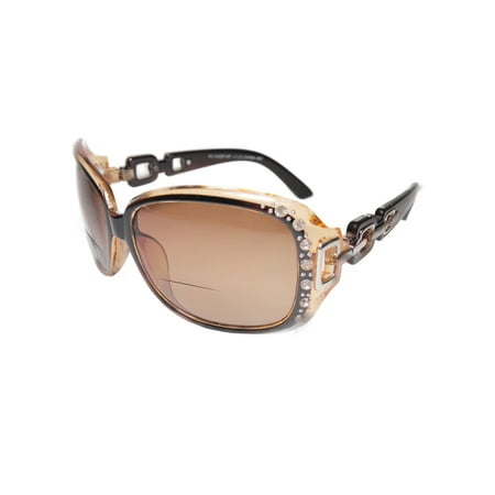 Womens Bifocal Lens Sunglasses Rhinestone Oversized Square Frame Brown +1.75