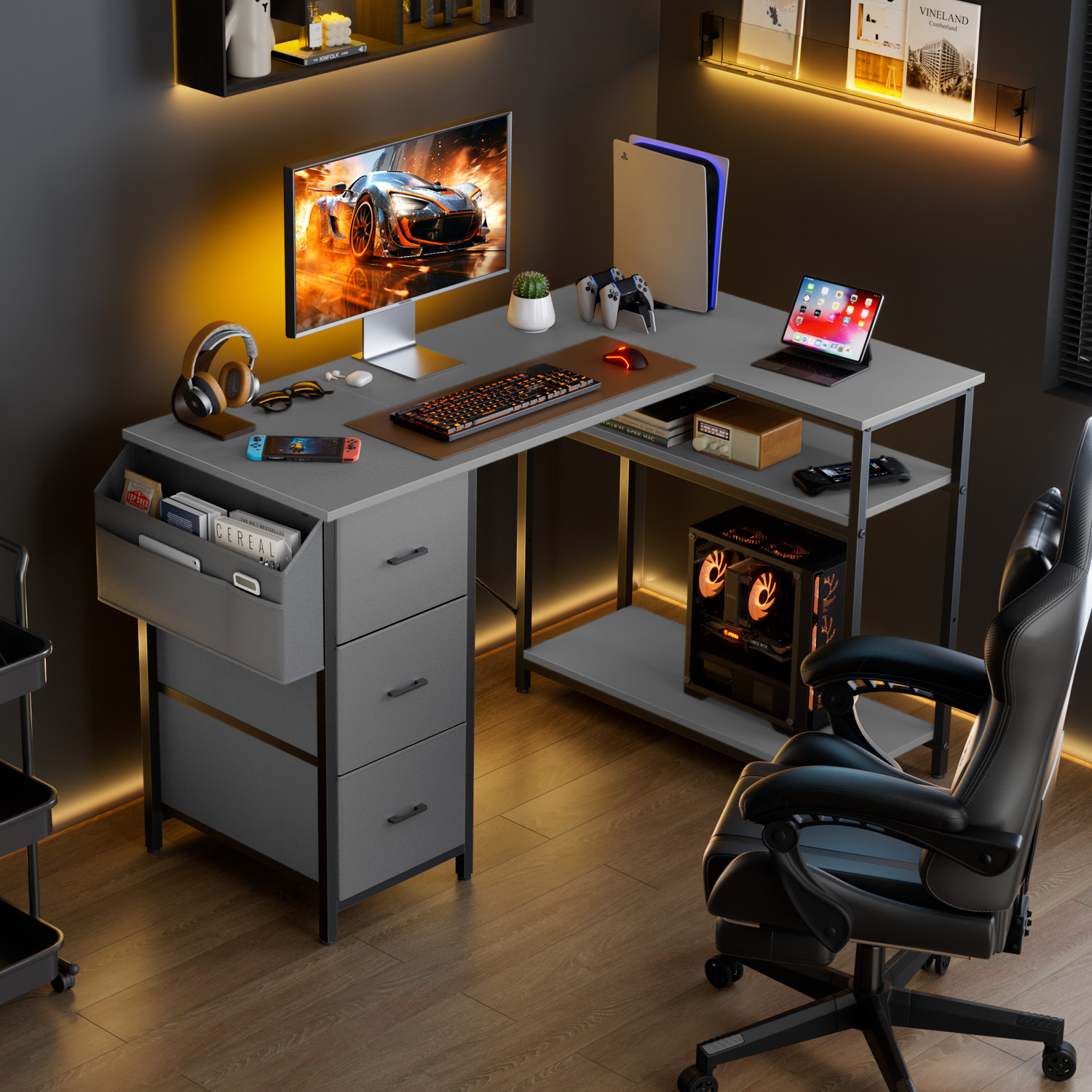 HLDIRECT L Shaped Computer Desk with Drawers & Storage Shelves, 47 inch Corner Desk for Home Office and Bedroom, Gray
