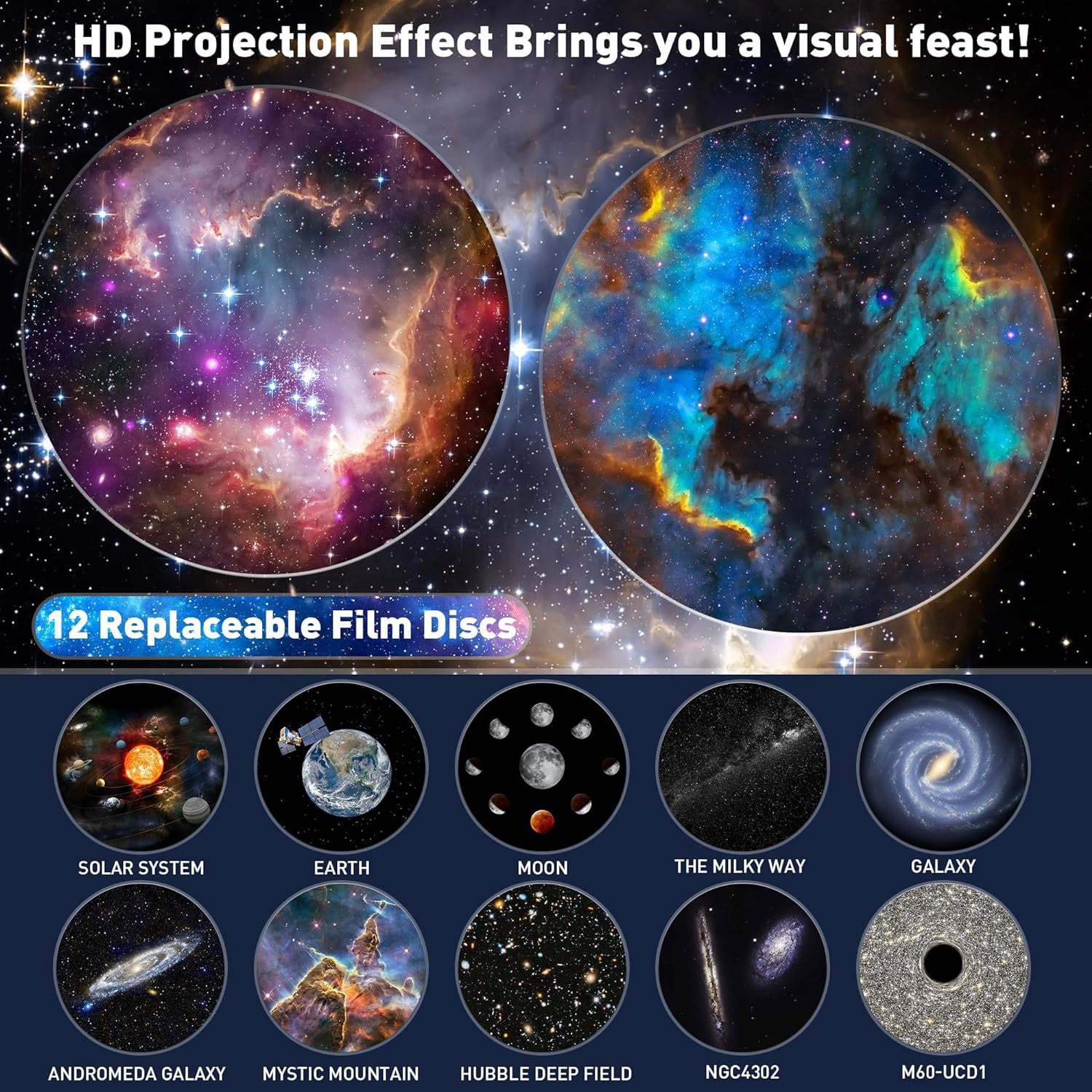 Planetarium Star Projector,Galaxy Projector, Realistic Starry Sky Night Light with 12 Film Discs, Solar System Constellation Moon for Kids Bedroom Ceiling Home Living Room Decor Birthday Gifts