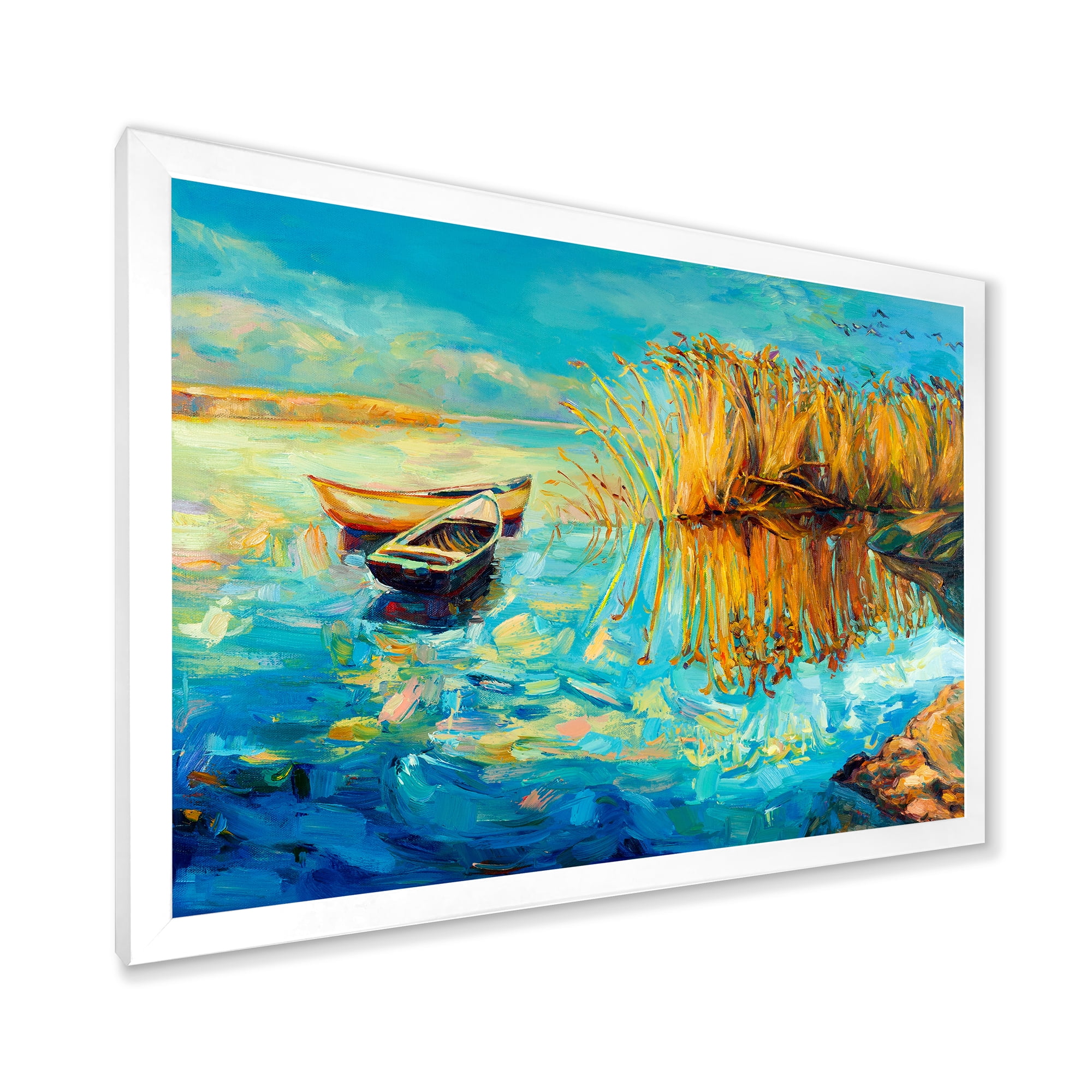 Orange Trees With Turquoise Lake During Sunset 32 in x 16 in Framed Painting Canvas Art Print, by Designart