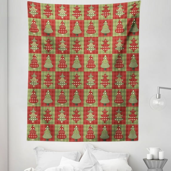 Christmas Tapestry, Different Styled Noel Trees on Checkered Squares Background Vintage Quilt, Fabric Wall Hanging Decor for Bedroom Living Room Dorm, 5 Sizes, Ruby Reseda Green, by Ambesonne