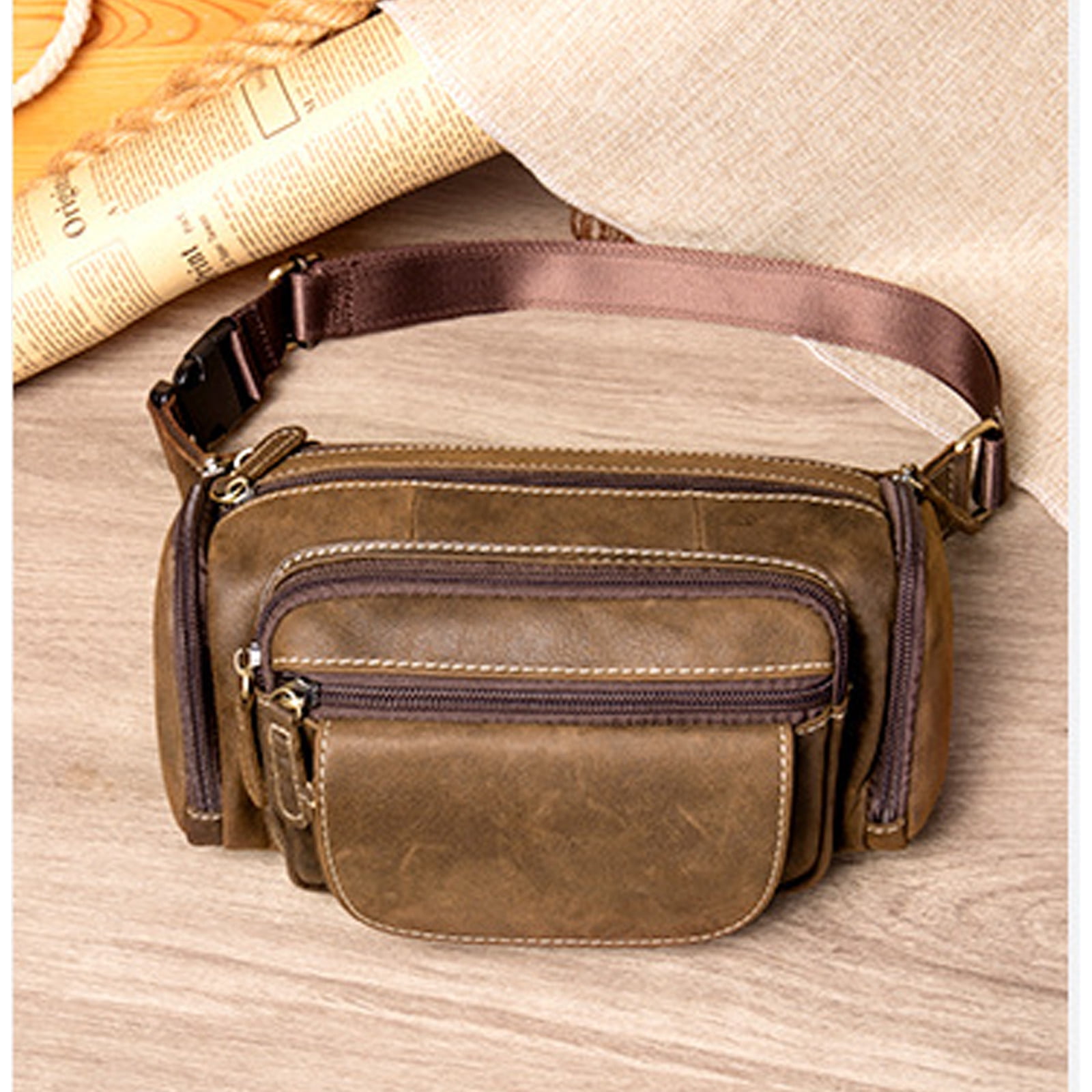 Men’s Genuine Leather Fanny Pack Multi-Pocket Waist Bag with Adjustable Strap and Metal Zipper – Oil Coffee, Dark Coffee, Brown