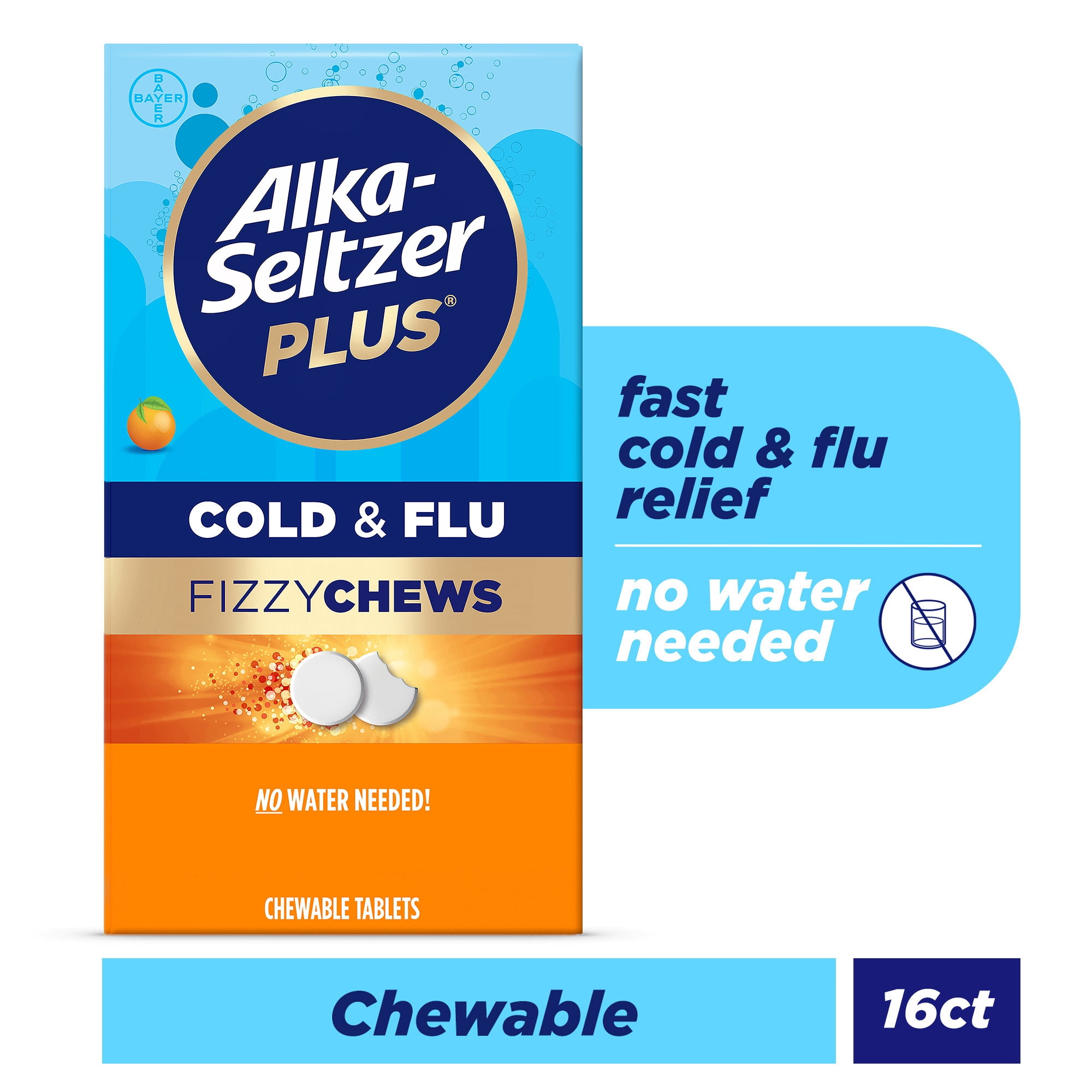 Alka-Seltzer Cold, Cold & Flu Sev Fast Chewable Tabs, No Water Needed, Orange, 16 Count