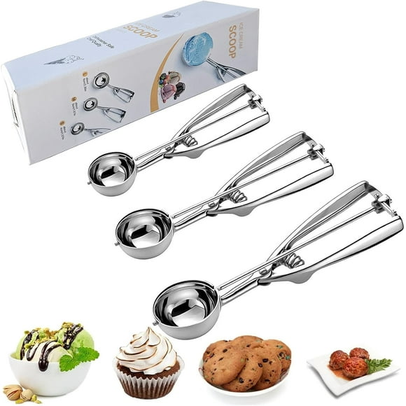 YUANQIAN Ice Cream Scoop, 3Pcs Cookie Scoop Set, Stainless Steel Ice Cream Scooper with Trigger Release, Large/Medium/Small Cookie Scooper for Baking, Cookie Scoops for Baking Set of 3 (3pcs/set)