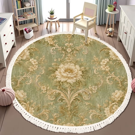 Washable Non Slip 6ft Round Rug Vintage Damask Gold Distressed Green Circle Area Rugs with Tassels Carpet for Nursery Bedroom Living Room Playroom Tent Rug Tent Castle