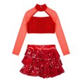 thumbnail image 4 of CHICTRY Girls Latin Jazz Dance Outfit Shiny Sequins Long Sleeve Crop Top with Tiered Culottes Dancewear Red 8, 4 of 5