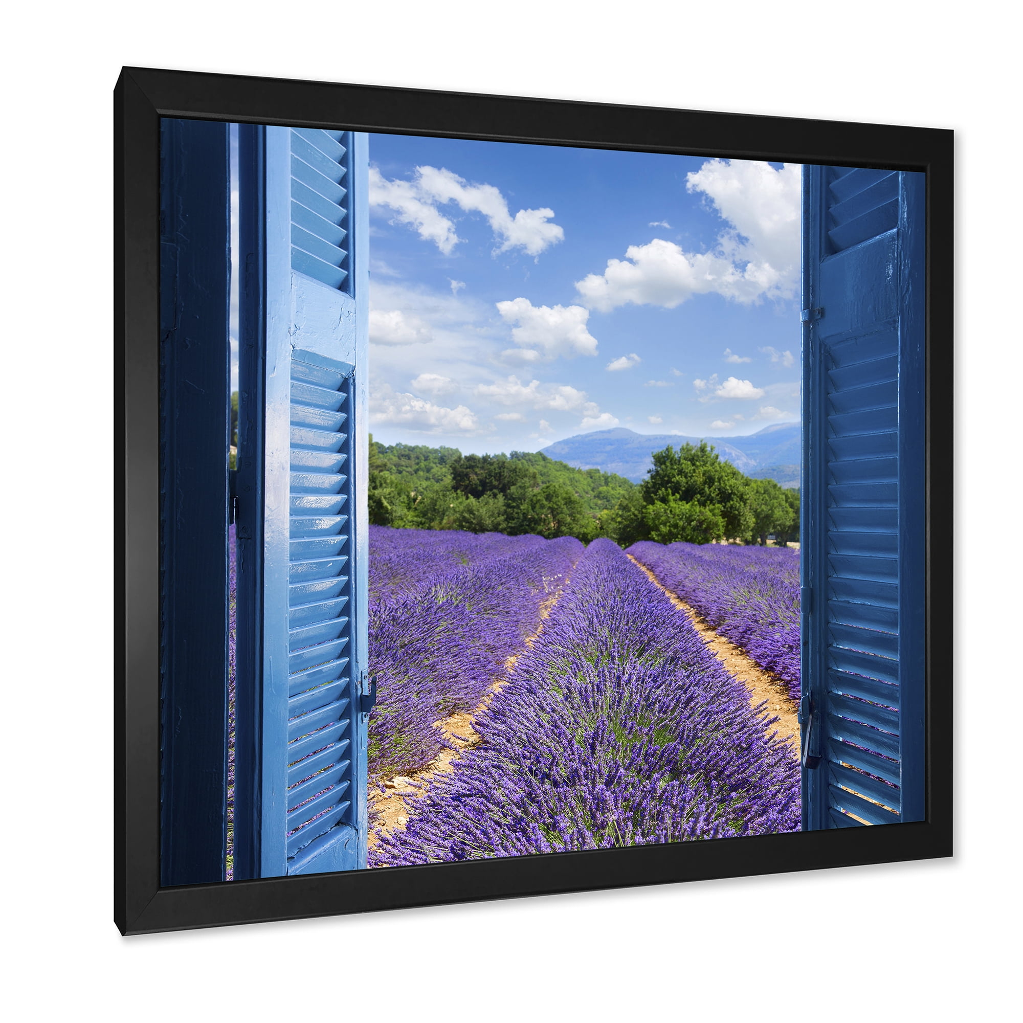 Designart 'View of Lavender Field Through Blue Open Cottage Window' Farmhouse Framed Art Print