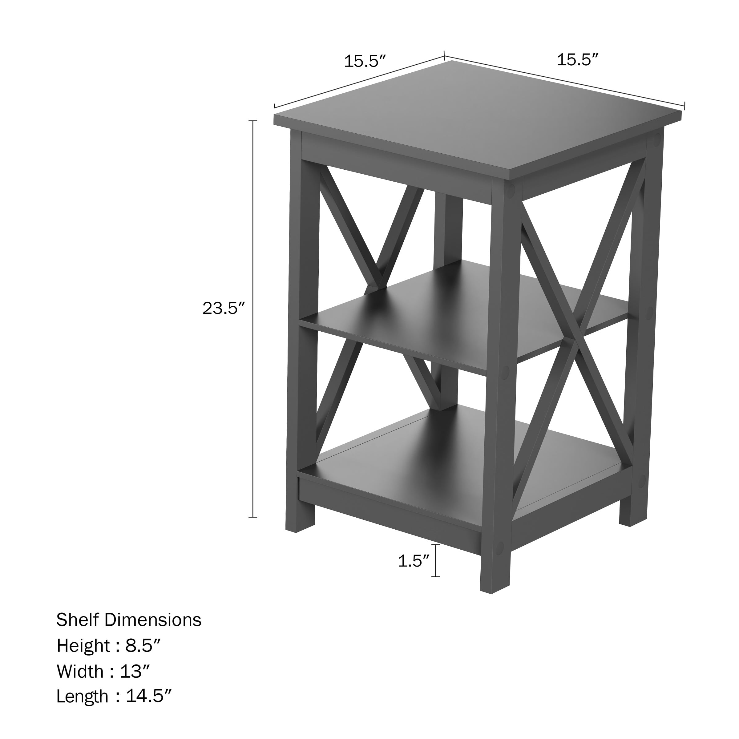 Lavish Home Wooden End Table, Modern Style Sofa Side Table with X-Leg Design and Two Shelves, Gray