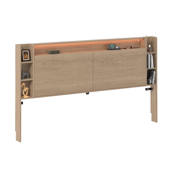 KING SIZE Headboard with Smart Color-Changing LED Lights & Built-in Charging Station, Bedroom Headboard with Storage & Magnetic Doors