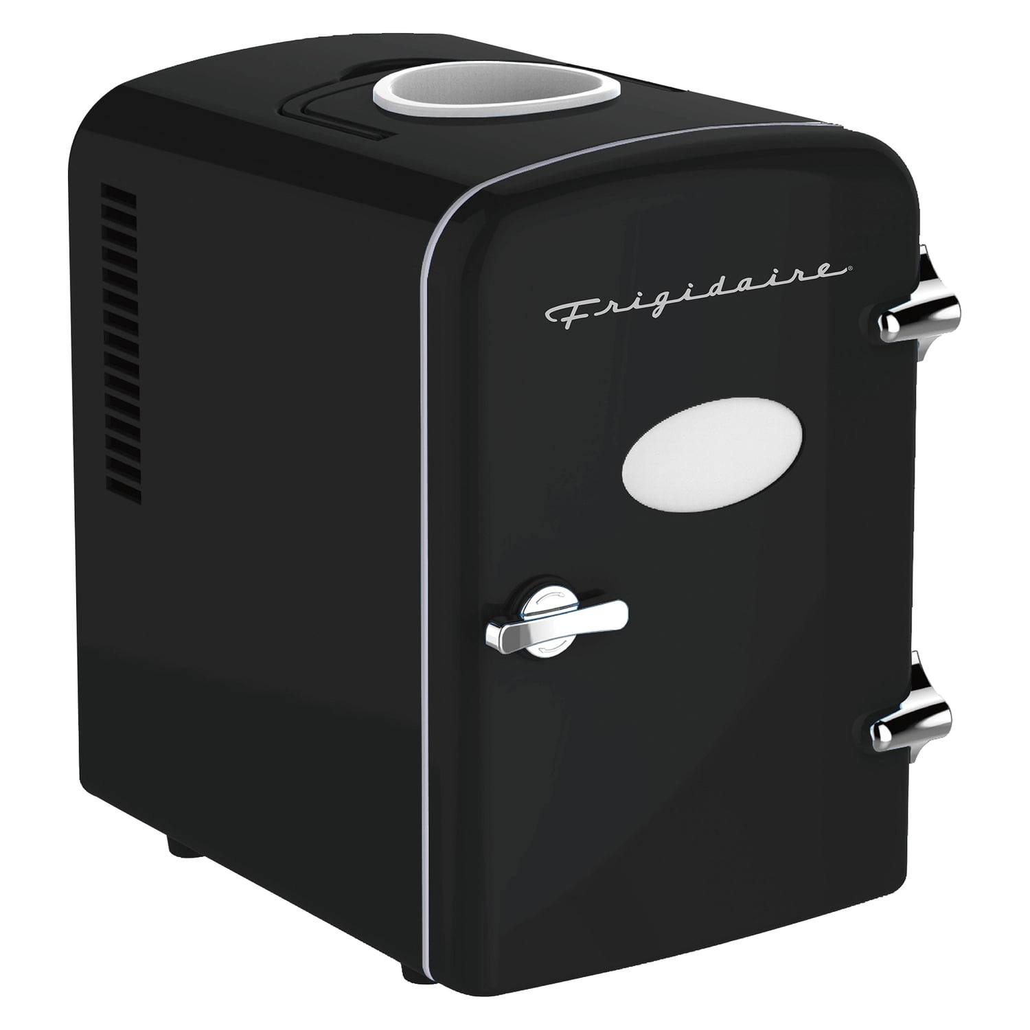 Frigidaire EFMIS171-BLACK 6+1-Can 48-Watt Retro Mini Portable Fridge with Top-Mounted Active-Cooling Can Holder (Black)