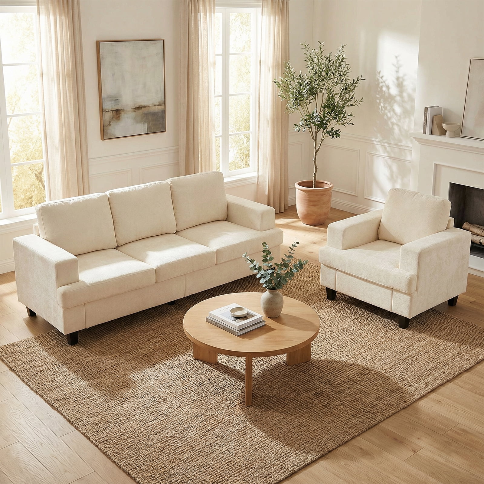Mjkone 2-Piece Living Room Furniture Sets, Chenille Couch and Loveseat Set, Modern Sectional Sofa Sets for Living Room, Apartment, 3-Seater + Single Sofa,Beige