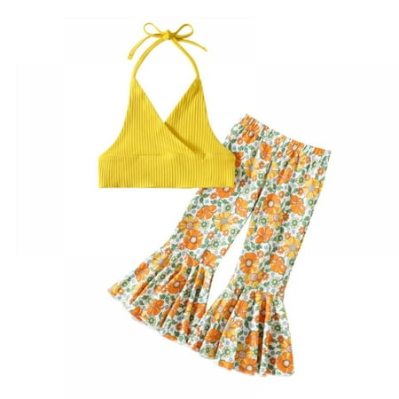 

URMAGIC Toddler Baby Girl Boho Clothes Sleeveless Halter Crop Top and Floral Bell Bottom Pants Cute Summer Outfits 1-5 Years