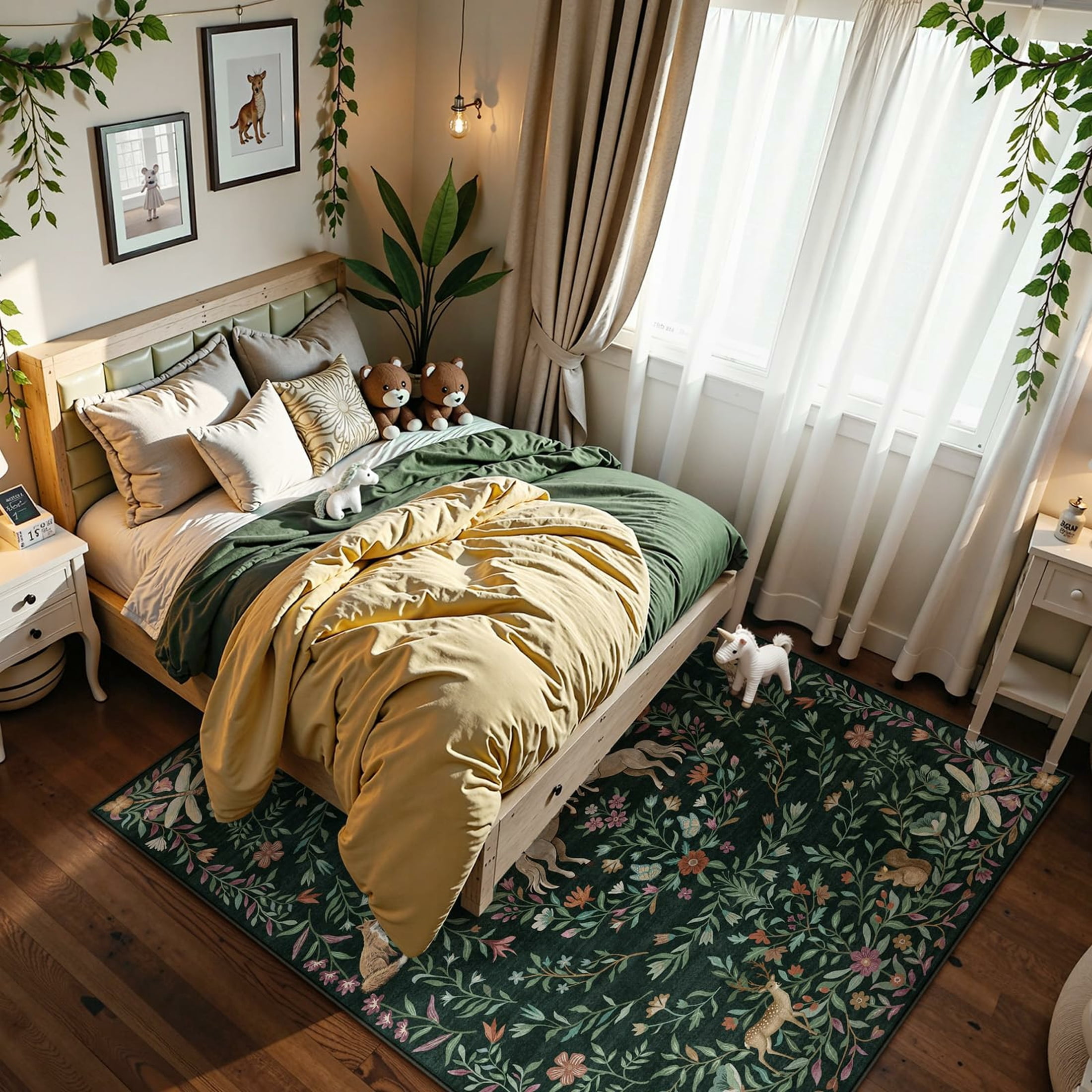 Moynesa 8'x10' Fantasy Garden Area Rugs for Living Room, Washable Vintage Botanical Unicorn Rugs for Bedroom, Large Victorian Accent Carpet for Dining Room Nursery Playroom, Dark Green