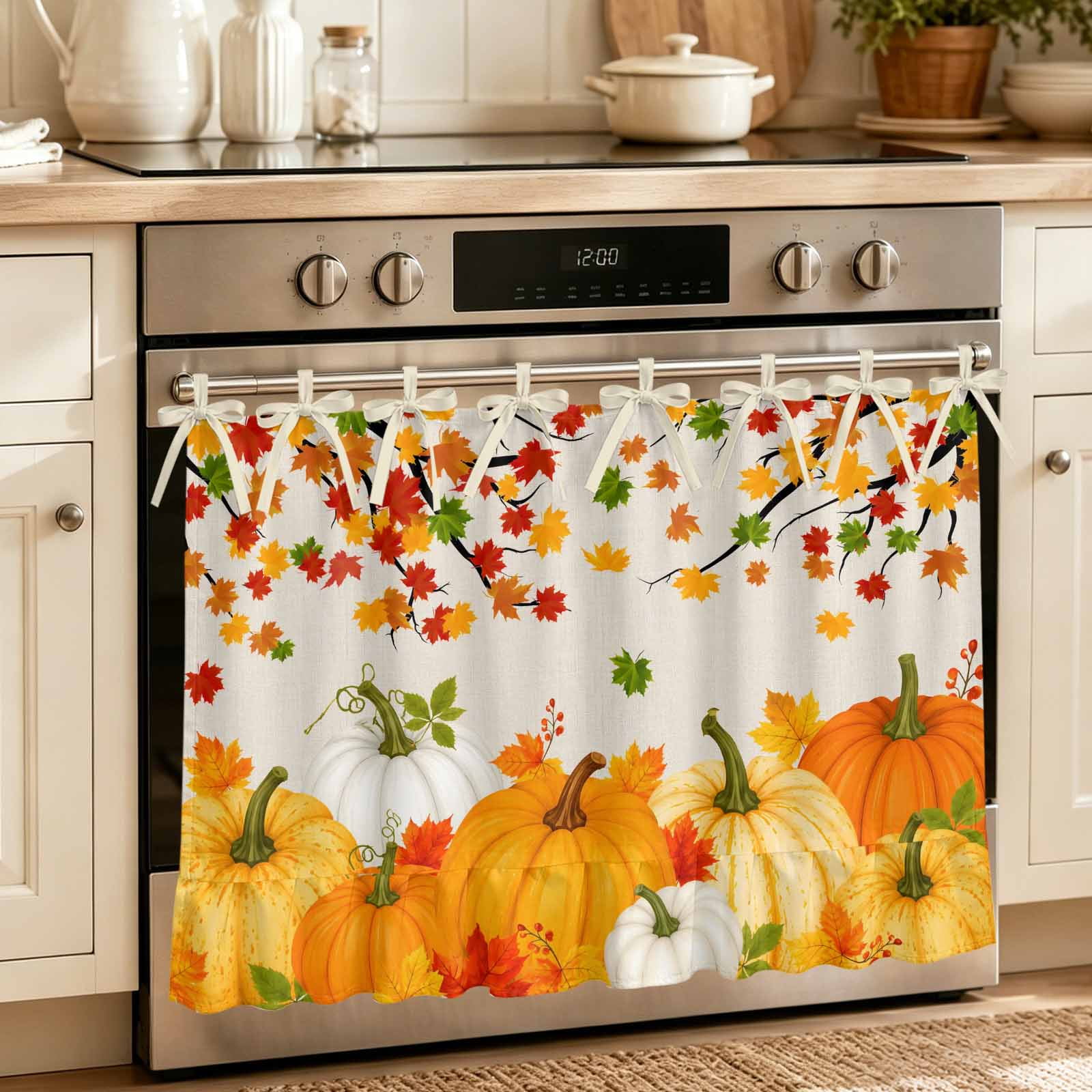 Oven Curtain for Kitchen Maple Leaves Trees Fall Thanksgiving Pumpkin Stove Curtain With Ruffled Trim Dishwasher Curtains Watercolor Orange Oven Skirt 27 x20