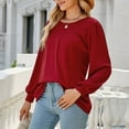 thumbnail image 3 of Blusa de manga abullonada Top suelto de manga larga cuello redondo Tops para mujer para fiestas Escuelas Oficinas Citas Trabajos Rojo L, 3 of 8