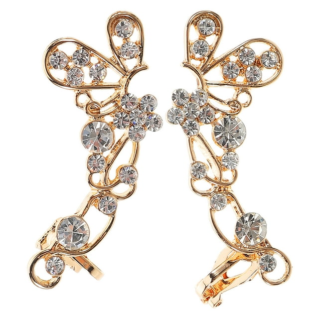 1 par de elegantes pendientes de mariposa con forma de mariposa para mujer, aretes de metal a la moda, accesorio de joyería para orejas sin perforar, con diamantes de imitación