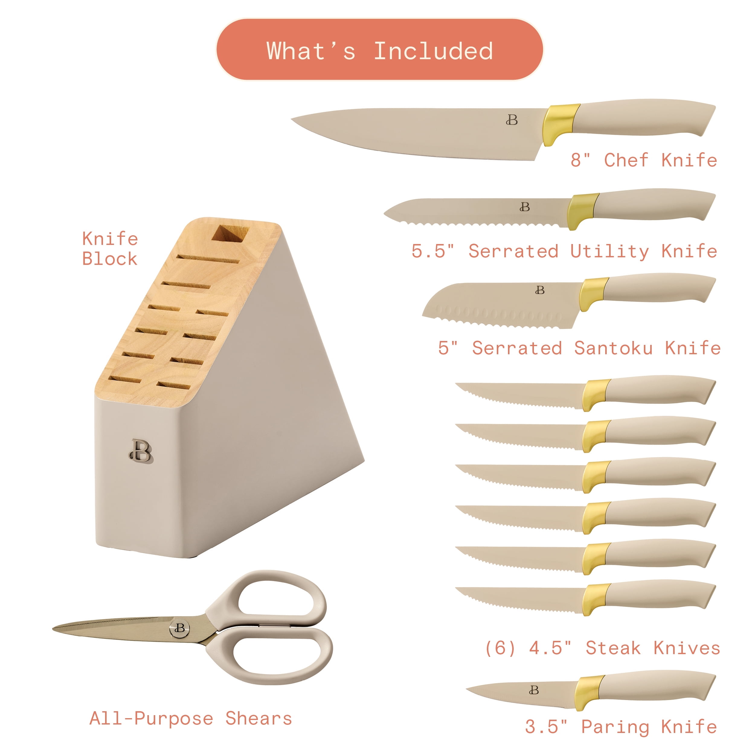 Beautiful 12 Piece Porcini & Gold Knife Block Set with Soft-Grip Ergonomic Handles by Drew Barrymore