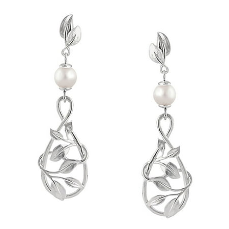 14K White Gold Vine Teardrop White Freshwater Cultured Pearl Dangle Earrings