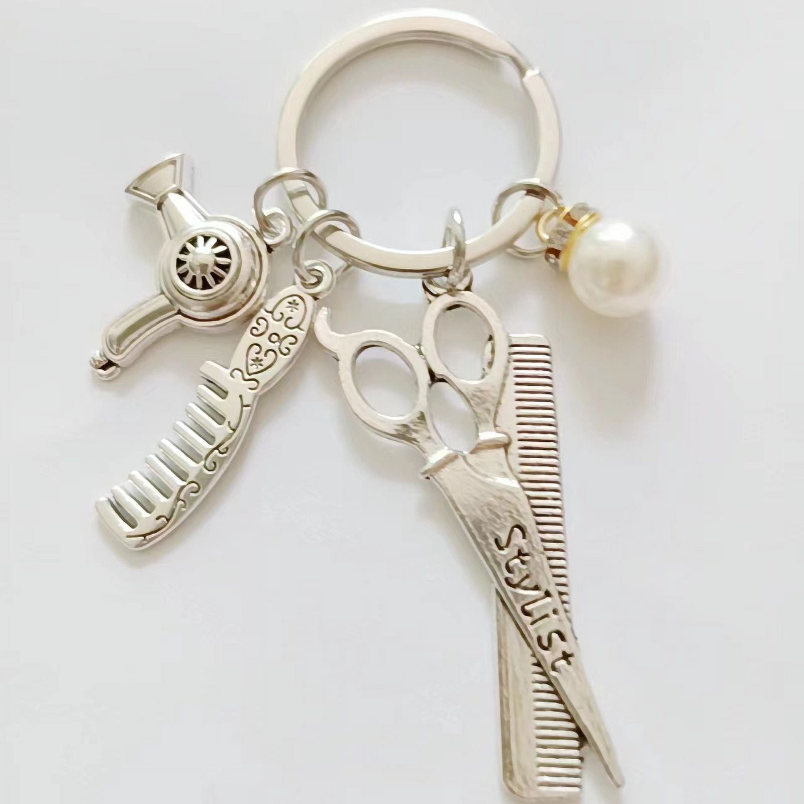 Unique barber shop charm key ring, equipped with alloy hair dryers, scissors, combs and pearl embellishment -ladies fashion hairdresser gifts, barber accessories,LFQ