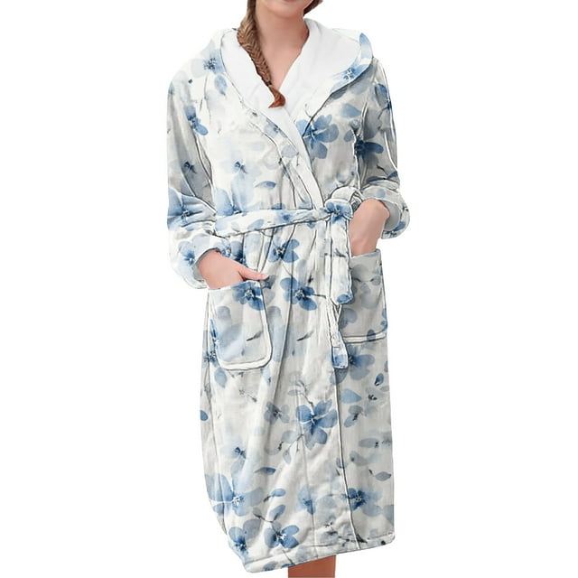 Jindong Robes en Peluche pour Femmes Robe en Polaire Longue Chaude Peignoir de Bain Veste de Détente Imprimée Robe de Confort Robes pour Femmes