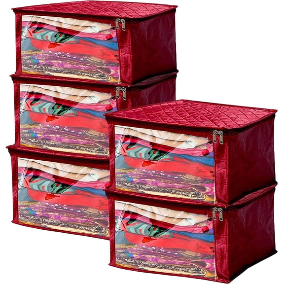 atorakushon Satin Fabric Foldable Garments Saree Blouse Cover Bag Pouch Closet Wardrobe Organizer With Clear Window Zipper Lock Pack of 5 (Maroon)
