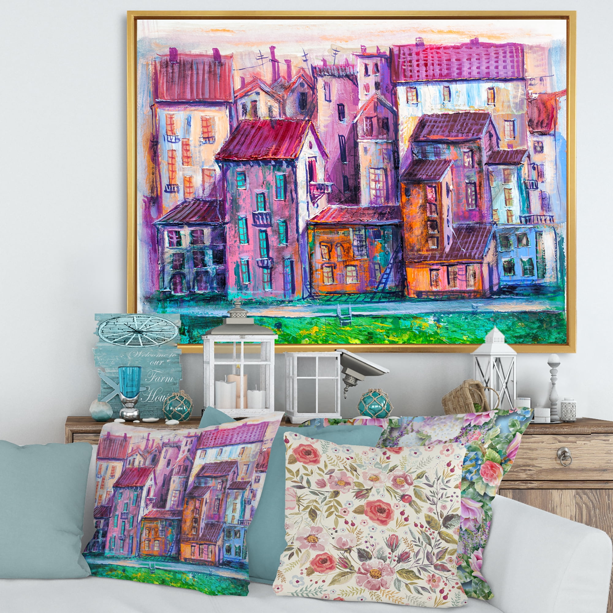 Designart 'Street With Colorful Old Homes Landscape' Modern Framed Canvas Wall Art Print