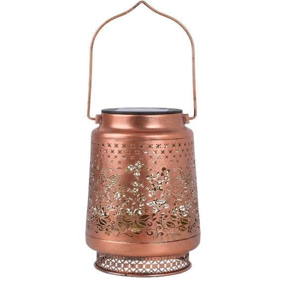 Solar Metal Lantern Outdoor Hanging Tabletop Decorative Light with Handle Cutout Pattern Cylinder Design for Garden Patio
