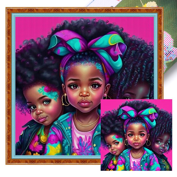 (4) Hilo Algodón Ecológico Bordado 11CT 3 Hebras Impresión 40*40 Cm Kit Serie Personajes Punto Cruz Niña Pelo Rizado Africano