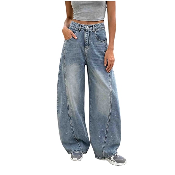 Hudaneo Jeans for Women Trendy Jeans for Women Wide Leg Denim Pants, Barrel Jeans for Women, Blue XL