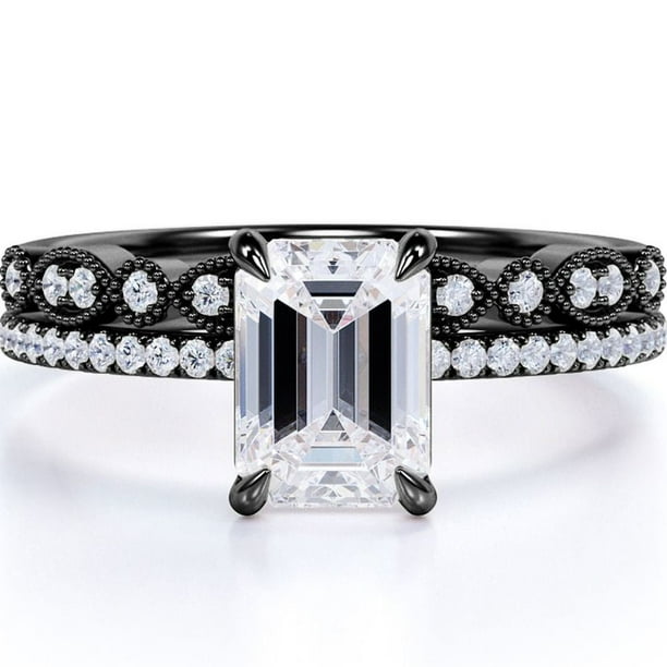 JeenMata Juego de Boda con Filigrana Art Déco Milgrain Corte Esmeralda de 1,5 Quilates, Engaste en Garras, Baño de Oro Negro de 18 K sobre Plata