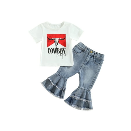 

Sunisery Toddler Girl Bell Bottoms Outfits Sunflower Off Shoulder Romper One Piece Denim Flared Pants Summer Jean Outfits
