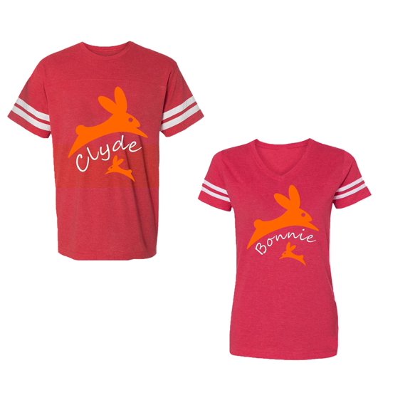 Clyde Bonnie Unisex Couple Matching Cotton Jersey style T-Shirt Contrasting stripes on sleeves (Men Red / Women Red) (Men XXXL / Women XXL)