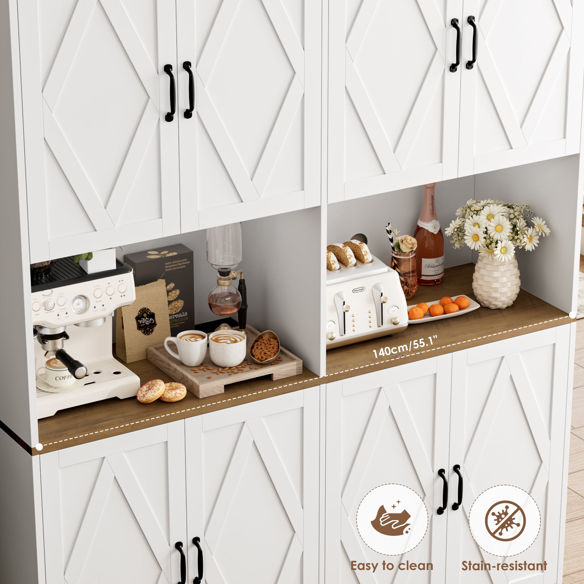 Homfa 71'' Tall Pantry Cabinet with Hutch, Large Kitchen Storage Cabinet with Microwave Stand & Doors for Dining Room Living Room, White