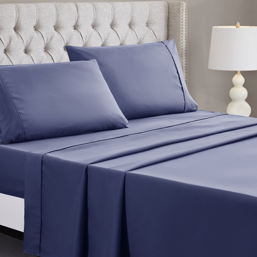 HIG, 4 Piece Queen Size Solid Bed Sheets Navy Luxury Bedding Set