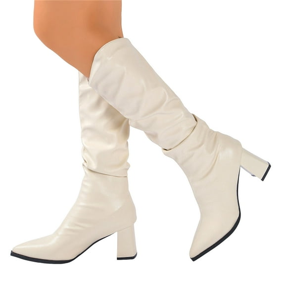 Women's Slouchy Knee High Boots Wide Calf Pointed Toe Chunky High Heel Long Cowboy Booties Lightweight Winter Dress Shoes White Size 6