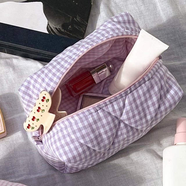 Bolso de maquillaje para mujer, bolso de maquillaje acolchado de gran capacidad a cuadros para niña