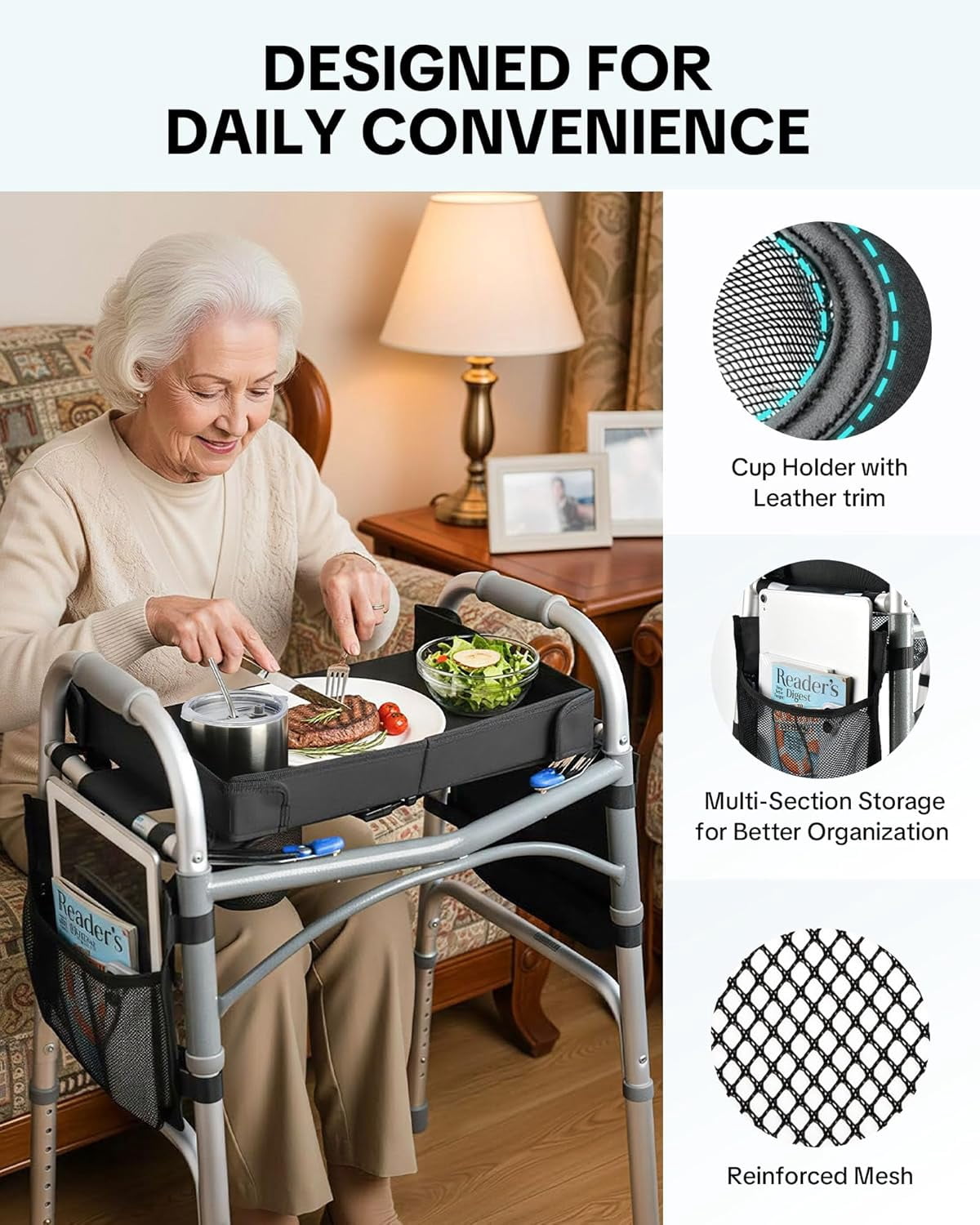 Folding Walker Tray with Cup Holder & Side Pockets, Spill-Proof Dining Tray for Rolling Walkers