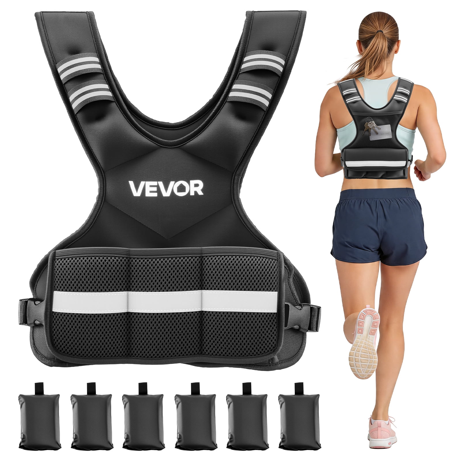 VEVOR Adjustable Weighted Vest, 4-10 lbs Comfortable X-Shape Body Weight Vest Set with 6 Weight Packs and Reflective Stripe, for Men Women, Workout Equipment for Strength Training Running Jogging