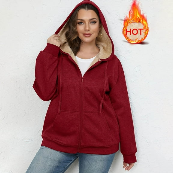 AUNVITO Plus Size Winter Fleece-Lined Hooded Sweatshirt Zip Up Drawstring Jacket with Pockets for Women