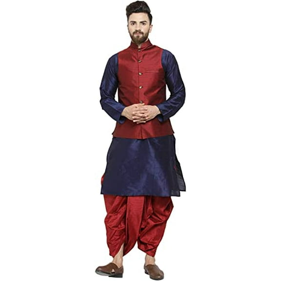 Royal Kurta Men's Silk Blend Kurta Dhoti & Nehru Jacket Set (42, Maroon-Navy)