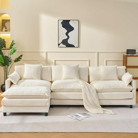 107" L Shaped Modern Sofa Modular Sectional, Upholstered Double-Layer 3 Seater Cloud Couch, Chenille Deep Seat Sofa with Throw Pillows & Movable Ottoman for Living Room, Apartment, Beige