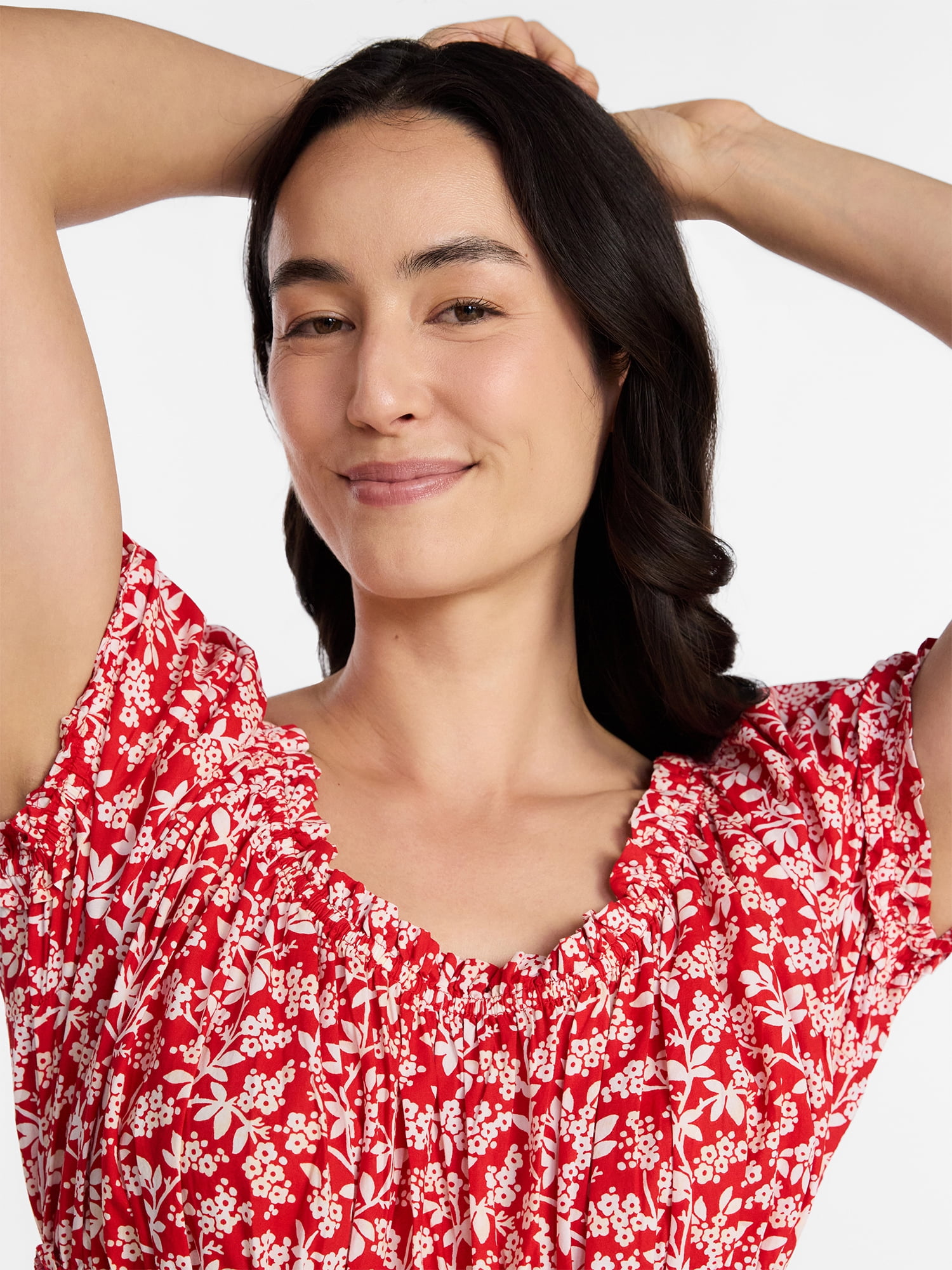 Time and Tru Women's Smocked Cotton Peasant Midi Dress, Sizes XS-XXXL